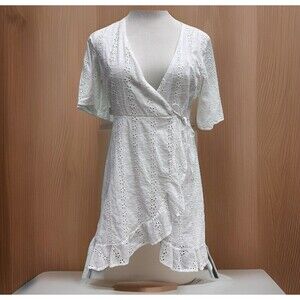 JAPNA Dress White Eyelet V Neck Ruffle Cut Out Woman’s Large Wrap Dress